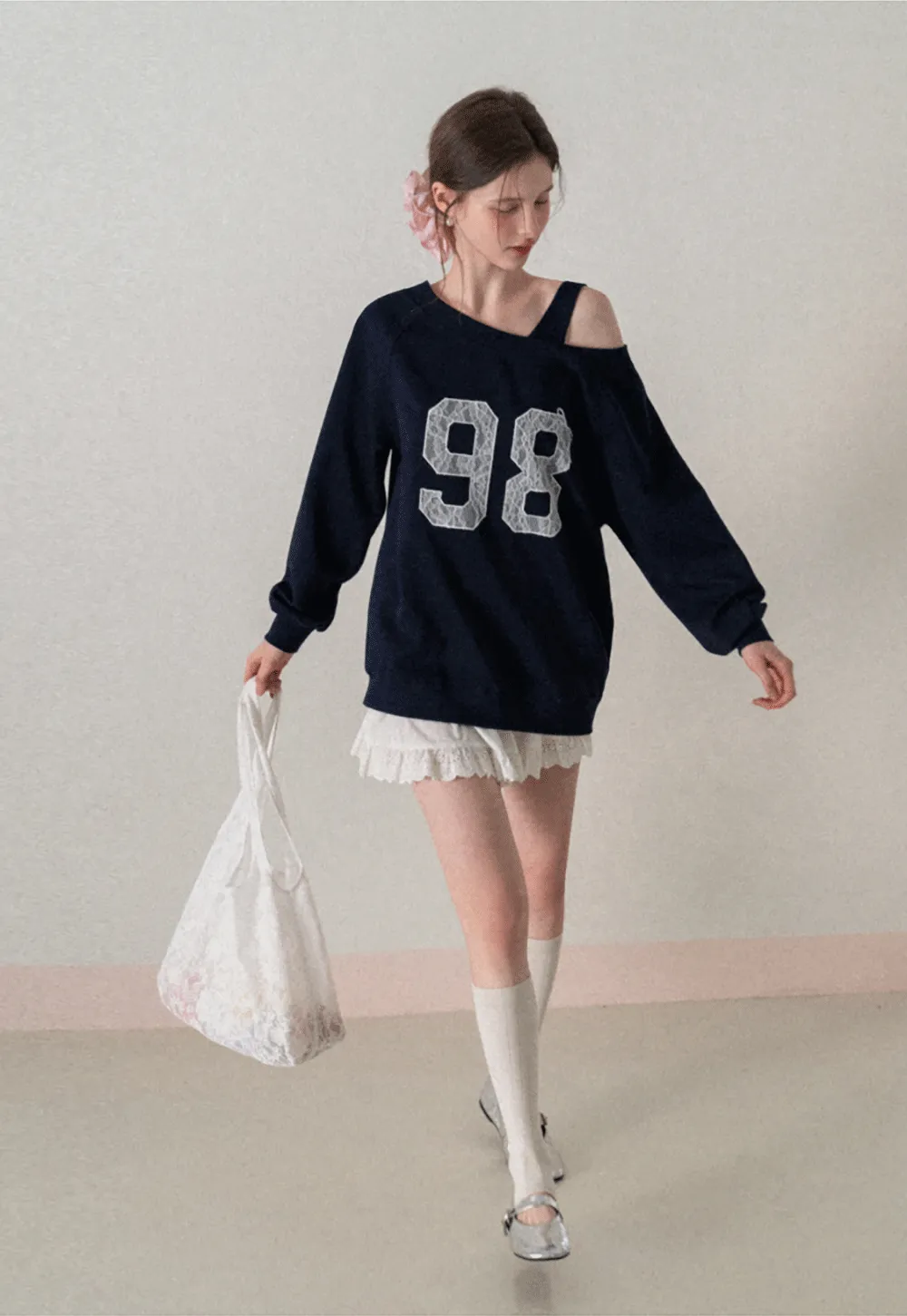 Off Shoulder Sweatshirt with Lace Number Print