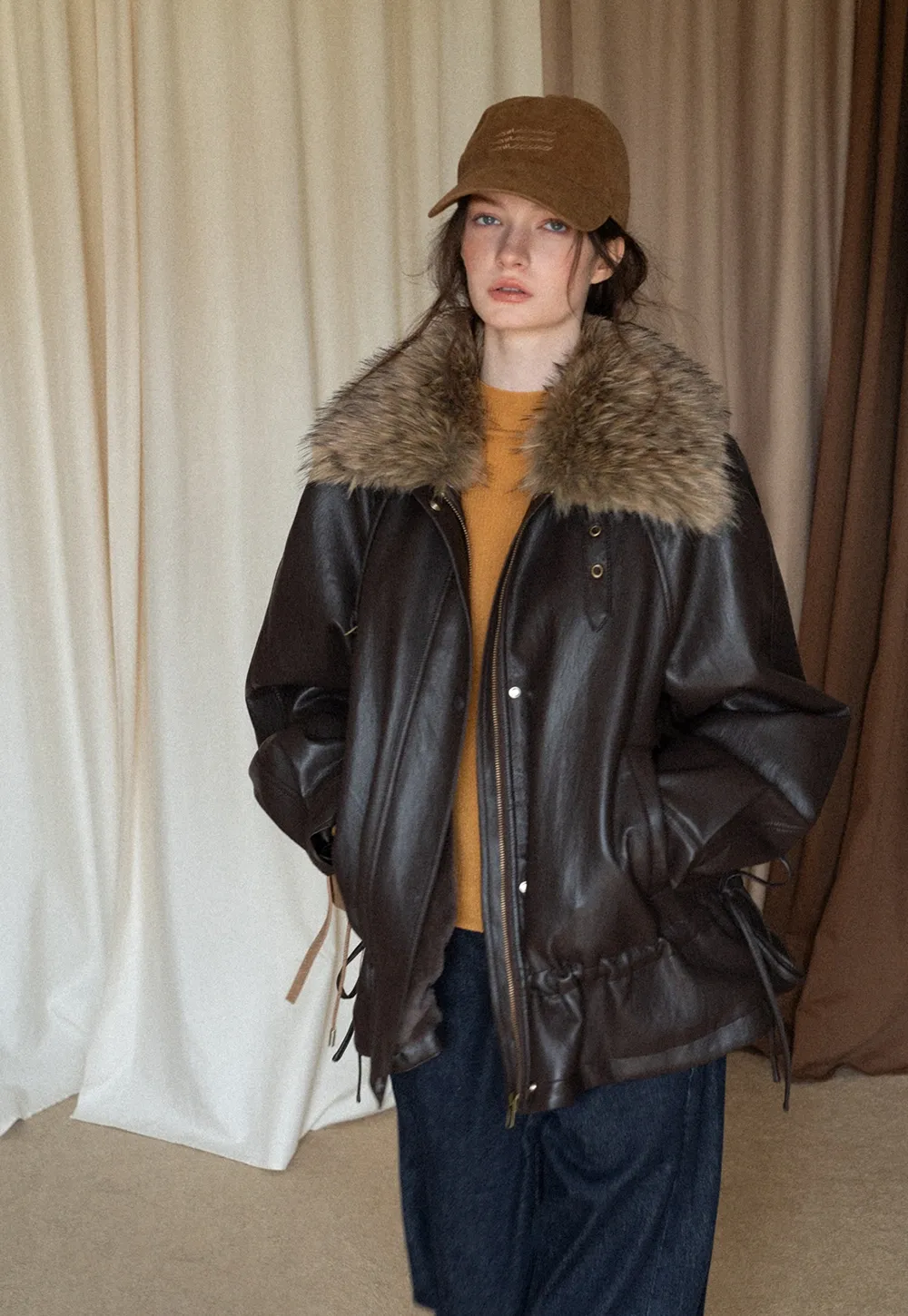 Casual Winter Faux Leather Coat with Soft Fur Collar