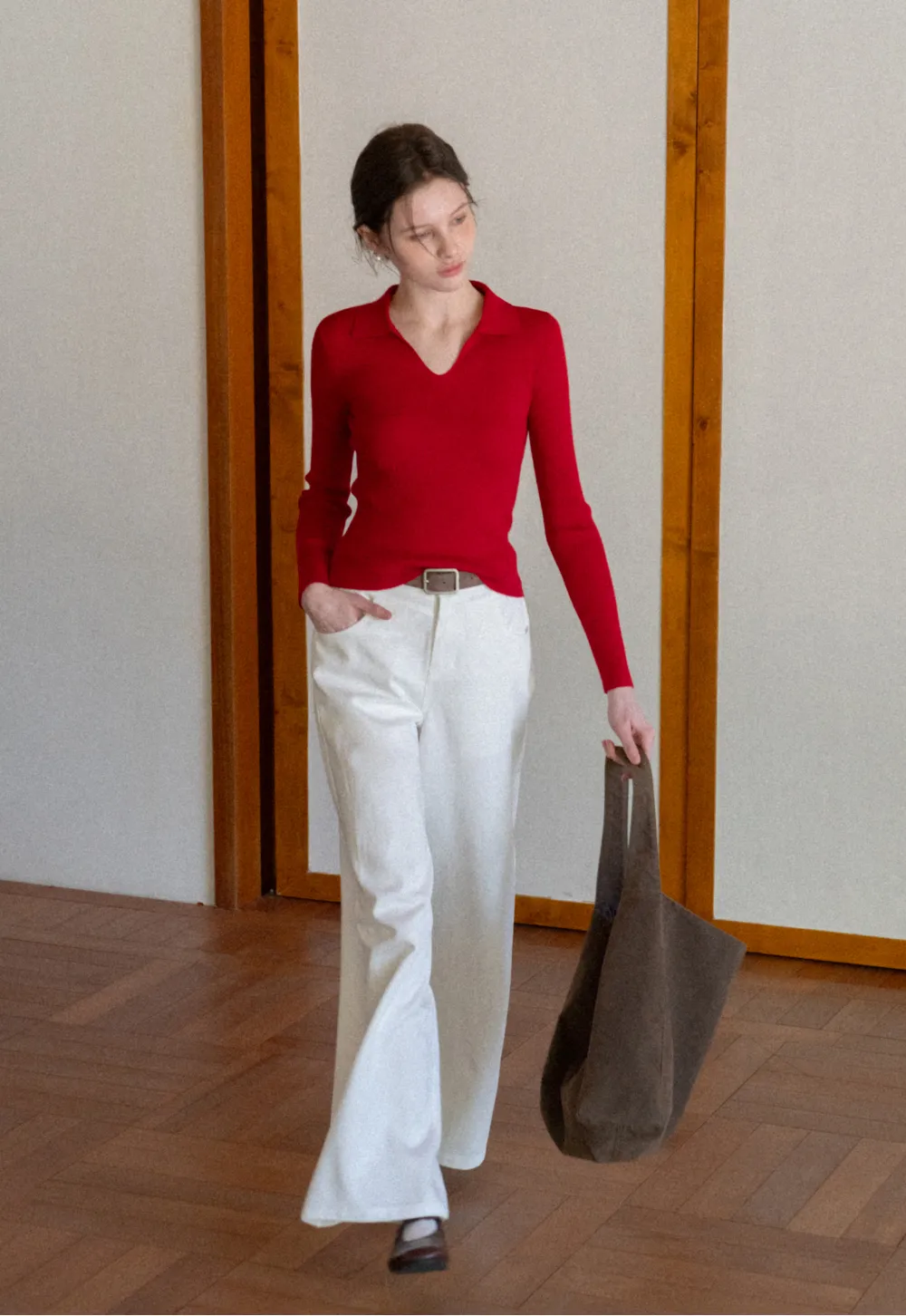 Ribbed Knit Long Sleeve Polo Neck Sweater