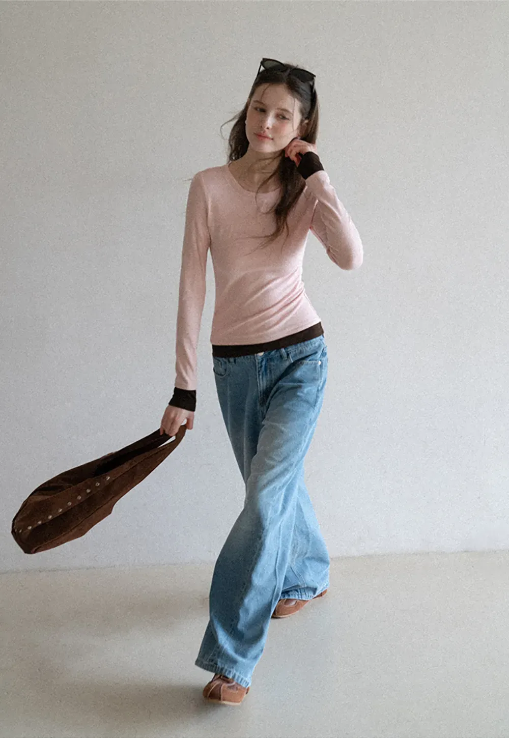 Long sleeve round neck layered t shirt design top