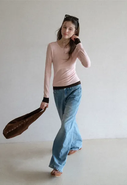 Long sleeve round neck layered t shirt design top