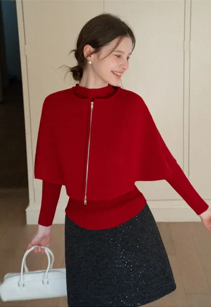 Zipper Front Knit Sweater with Wide Sleeves