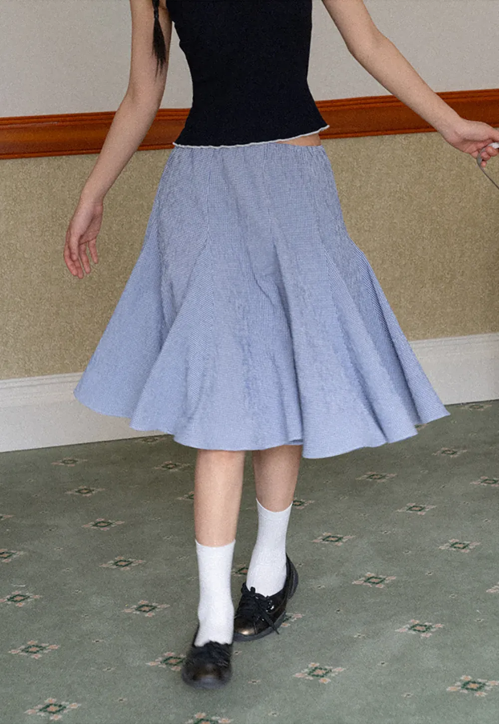 Gingham Pleated Flared Skirt