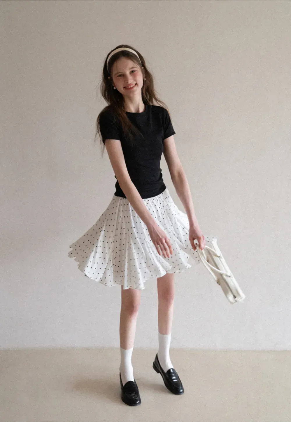 Polka dot pleated skirt with elastic waistband