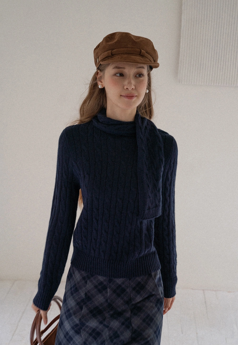 Women Cable Knit Sweater with Scarf Tie Long Sleeve