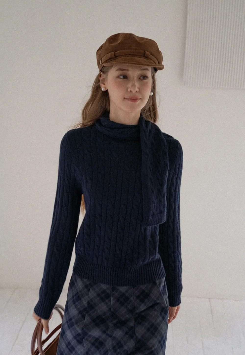 Women Cable Knit Sweater with Scarf Tie Long Sleeve