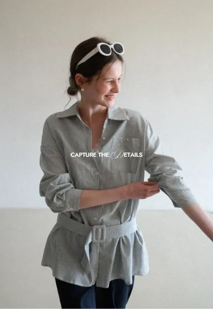 Striped Shirt with Belt and Lace Trim Tank Top