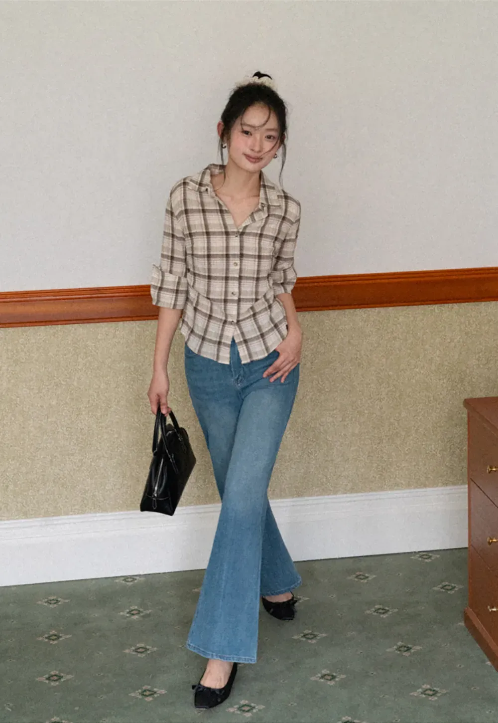 Plaid Shirt with Rolled Sleeves and Button Front