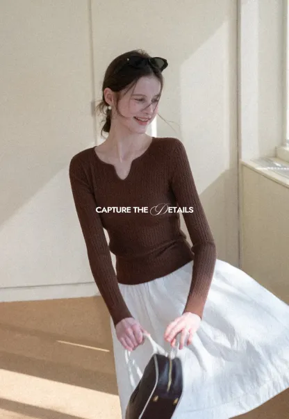 V Neck Cable Knit Sweater Top