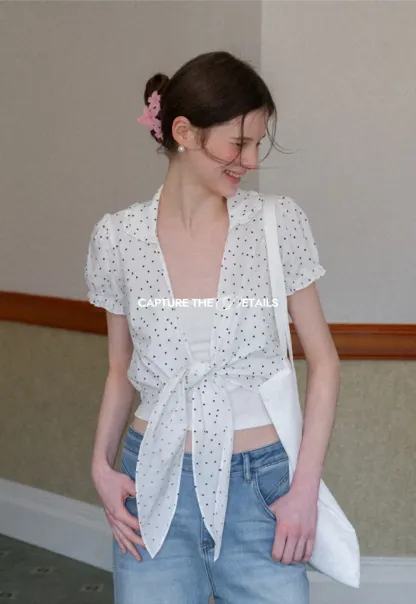 Polka dot short sleeve shirt with front tie detail