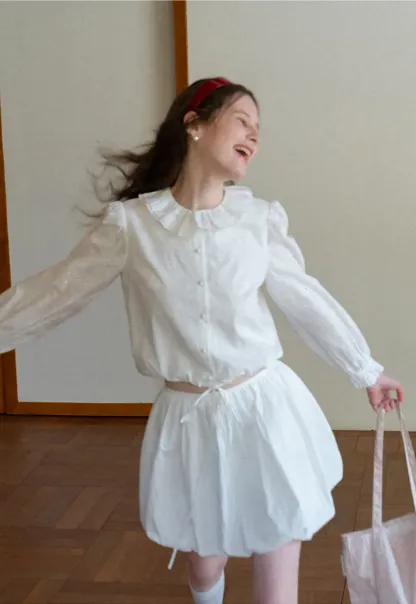 Ruffled Collar Long Sleeve Button Up Shirt