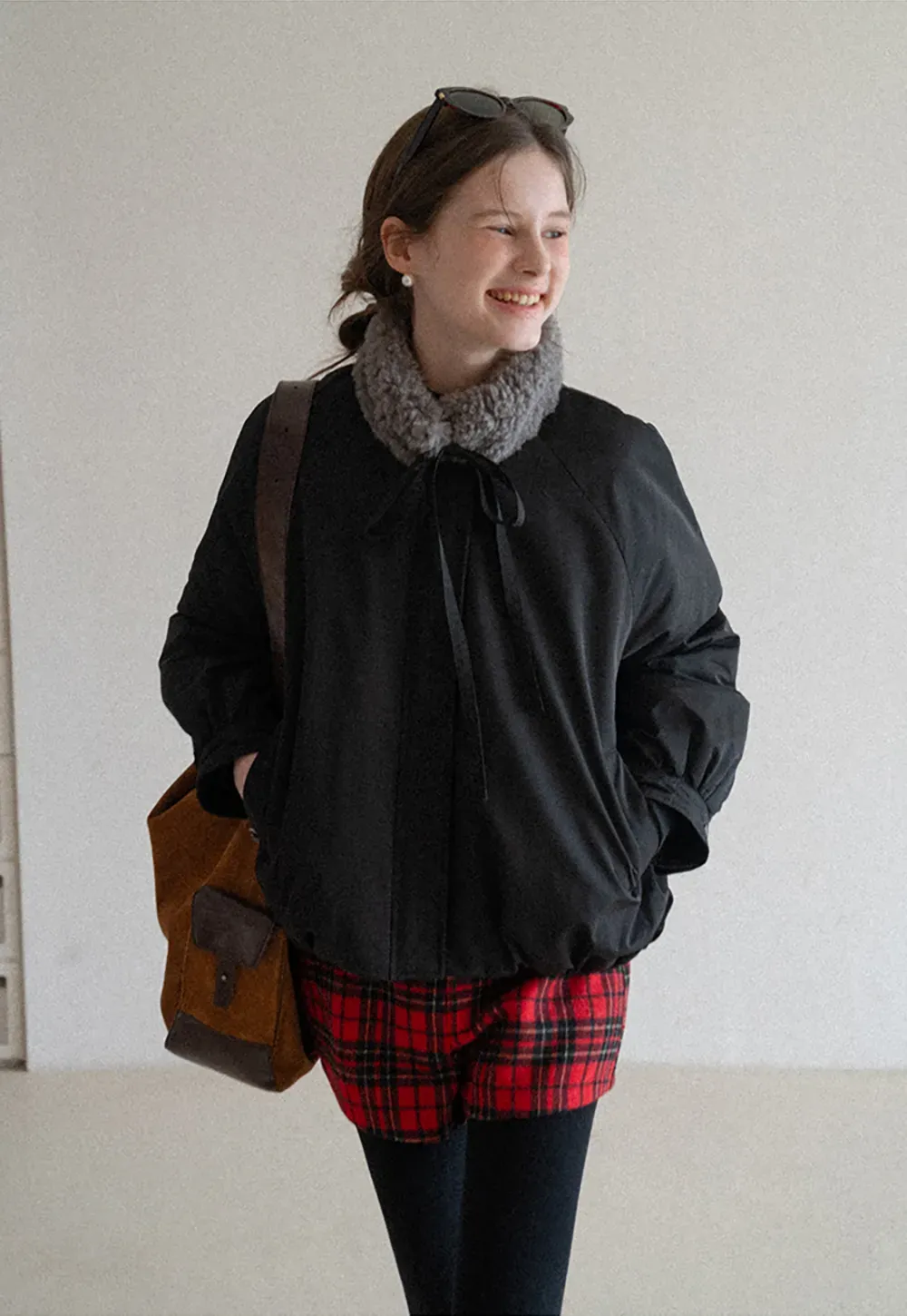 High waist plaid shorts with front pocket design