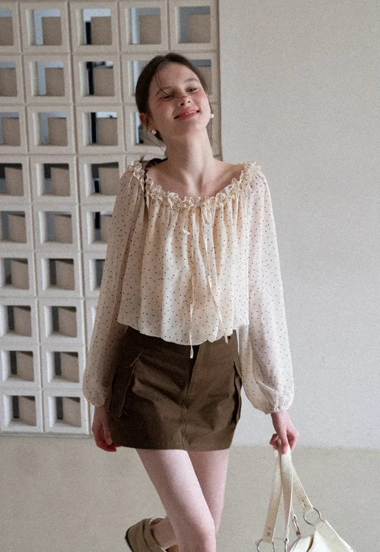 Polka Dot Ruffled Off Shoulder Chiffon Blouse