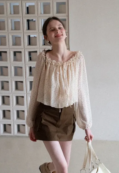 Polka Dot Ruffled Off Shoulder Chiffon Blouse