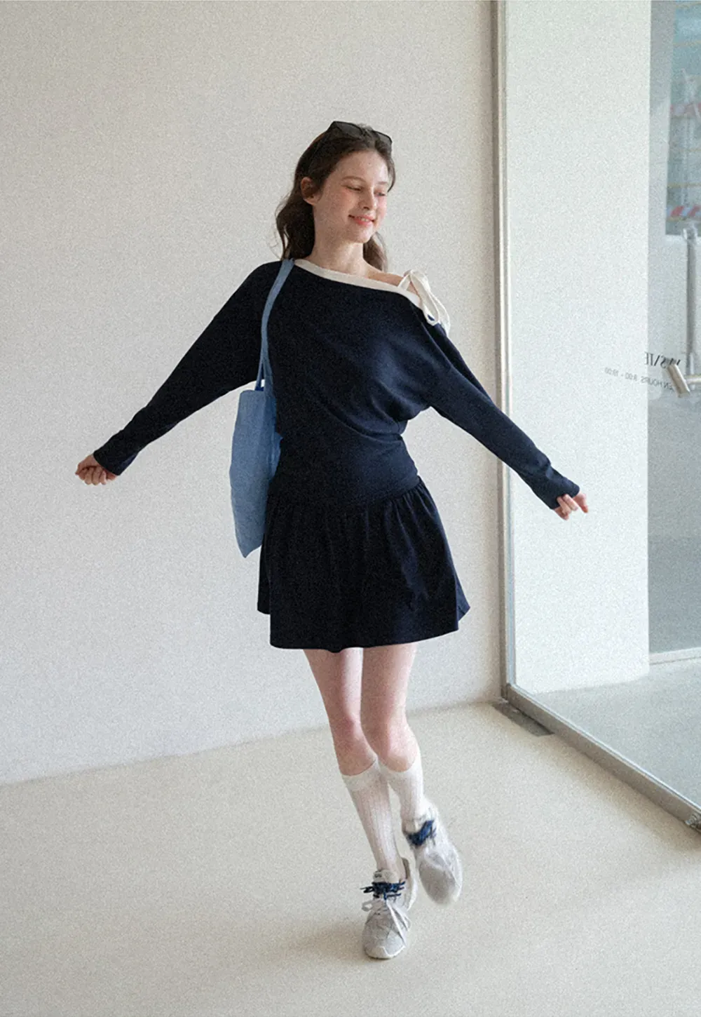 Long sleeve top with bow detail and mini skirt set