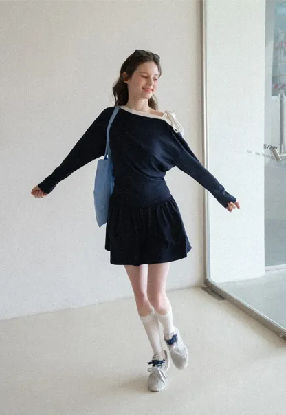 Long sleeve top with bow detail and mini skirt set