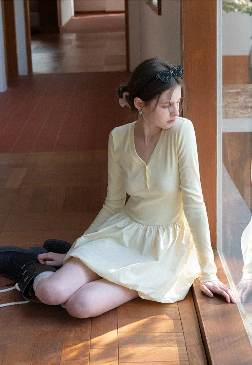 V neck long sleeve dress with flared skirt