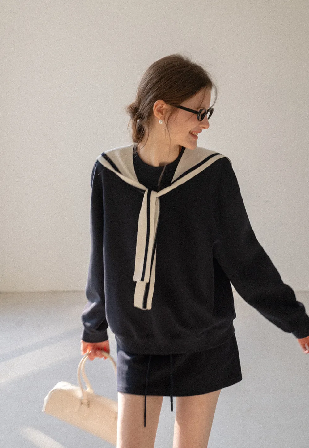 Sailor collar sweatshirt scarf shawl skirt set