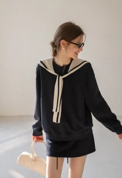 Sailor collar sweatshirt scarf shawl skirt set