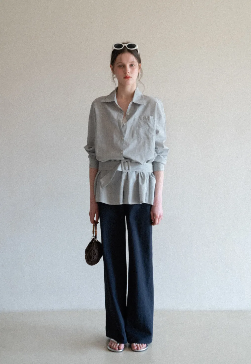 Striped Shirt with Belt and Lace Trim Tank Top