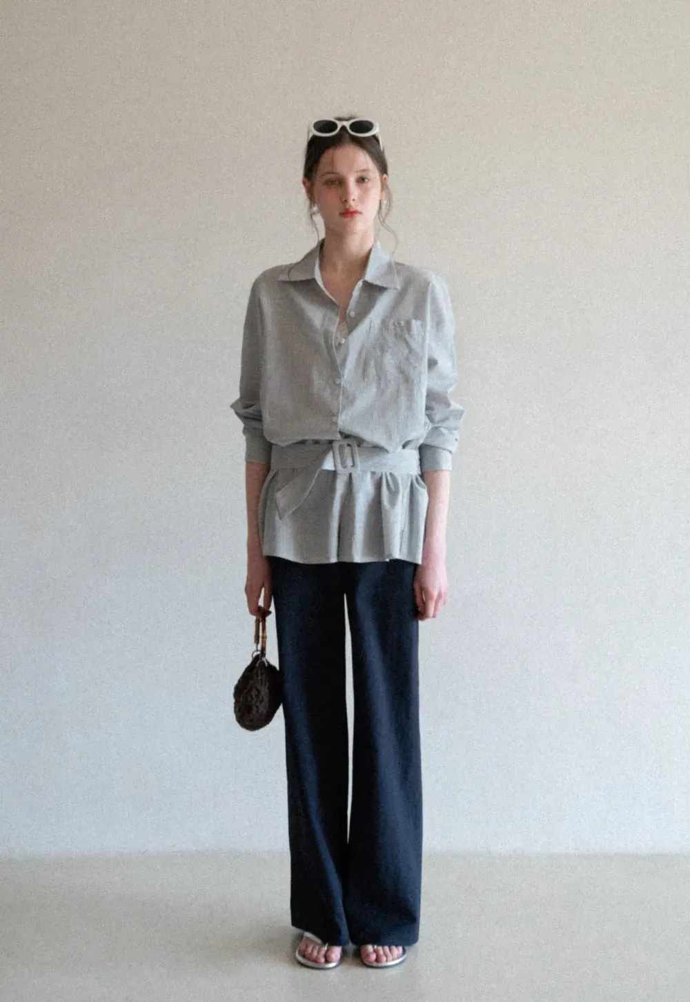 Striped Shirt with Belt and Lace Trim Tank Top