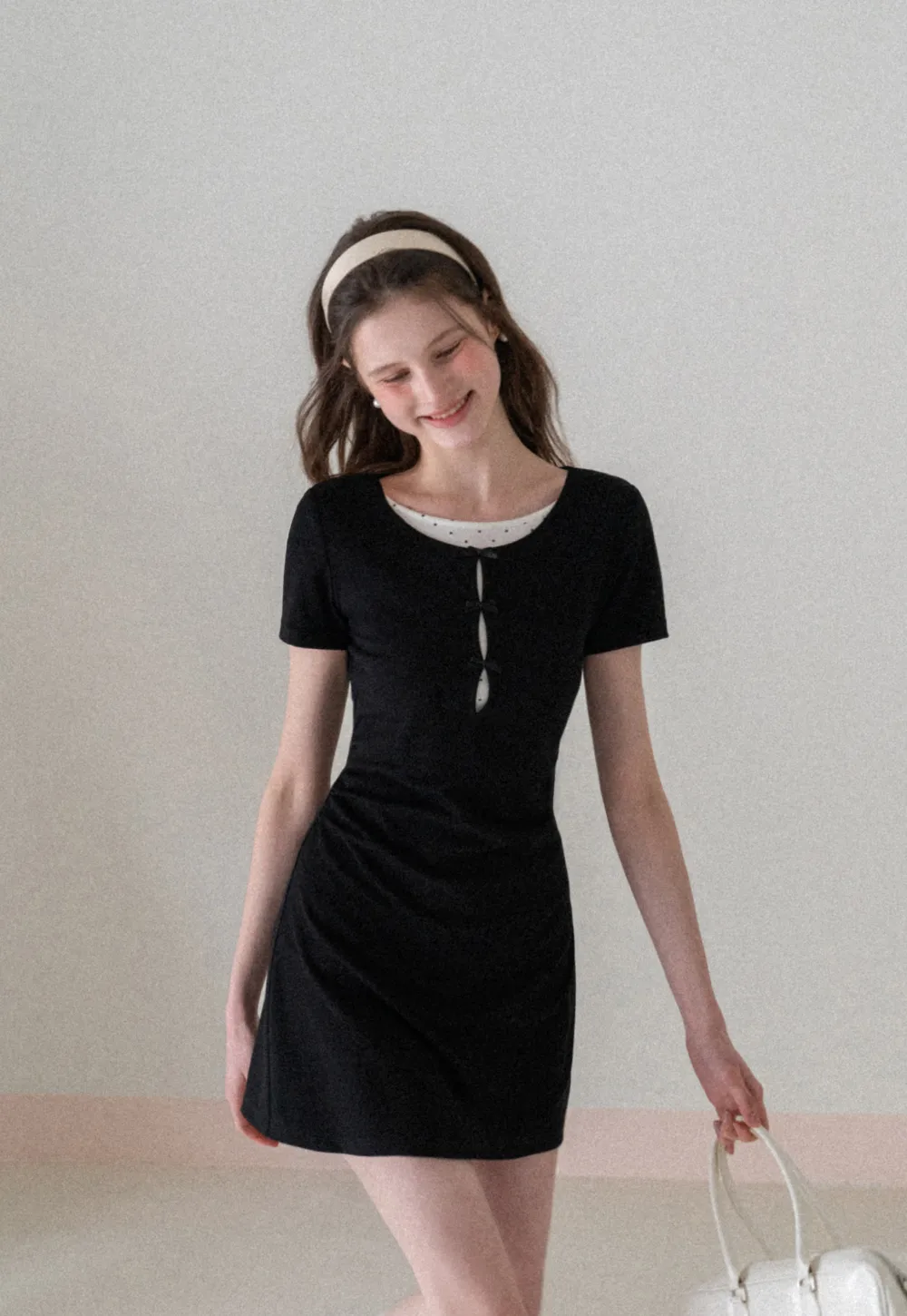 Short Sleeve Dress with Polka Dot Collar and Front Knot Detail