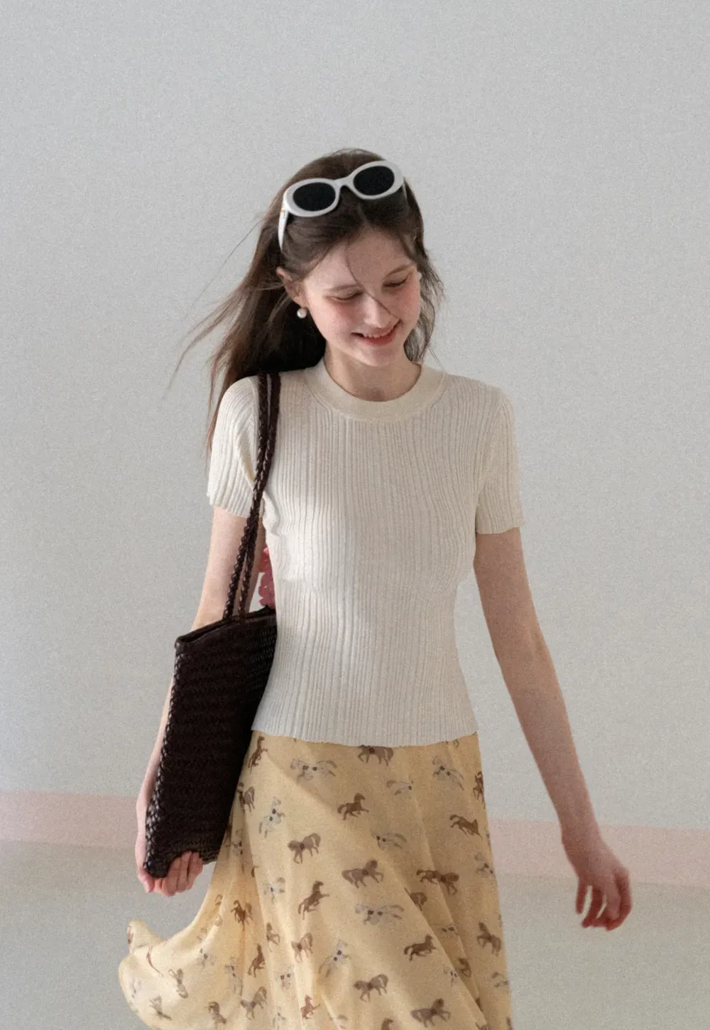 Ribbed Knit Short Sleeve Crew Neck Sweater