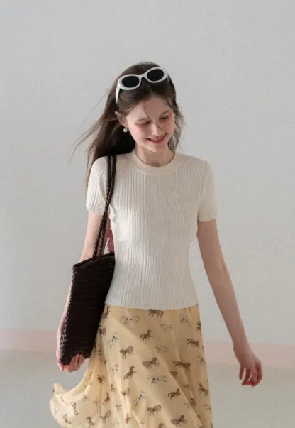 Ribbed Knit Short Sleeve Crew Neck Sweater