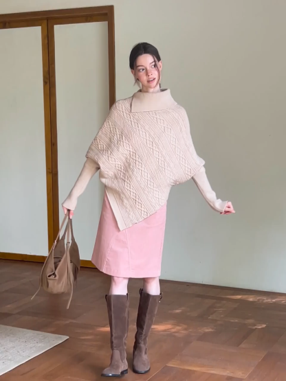 Warm Cable Knit Sweater Poncho for Women