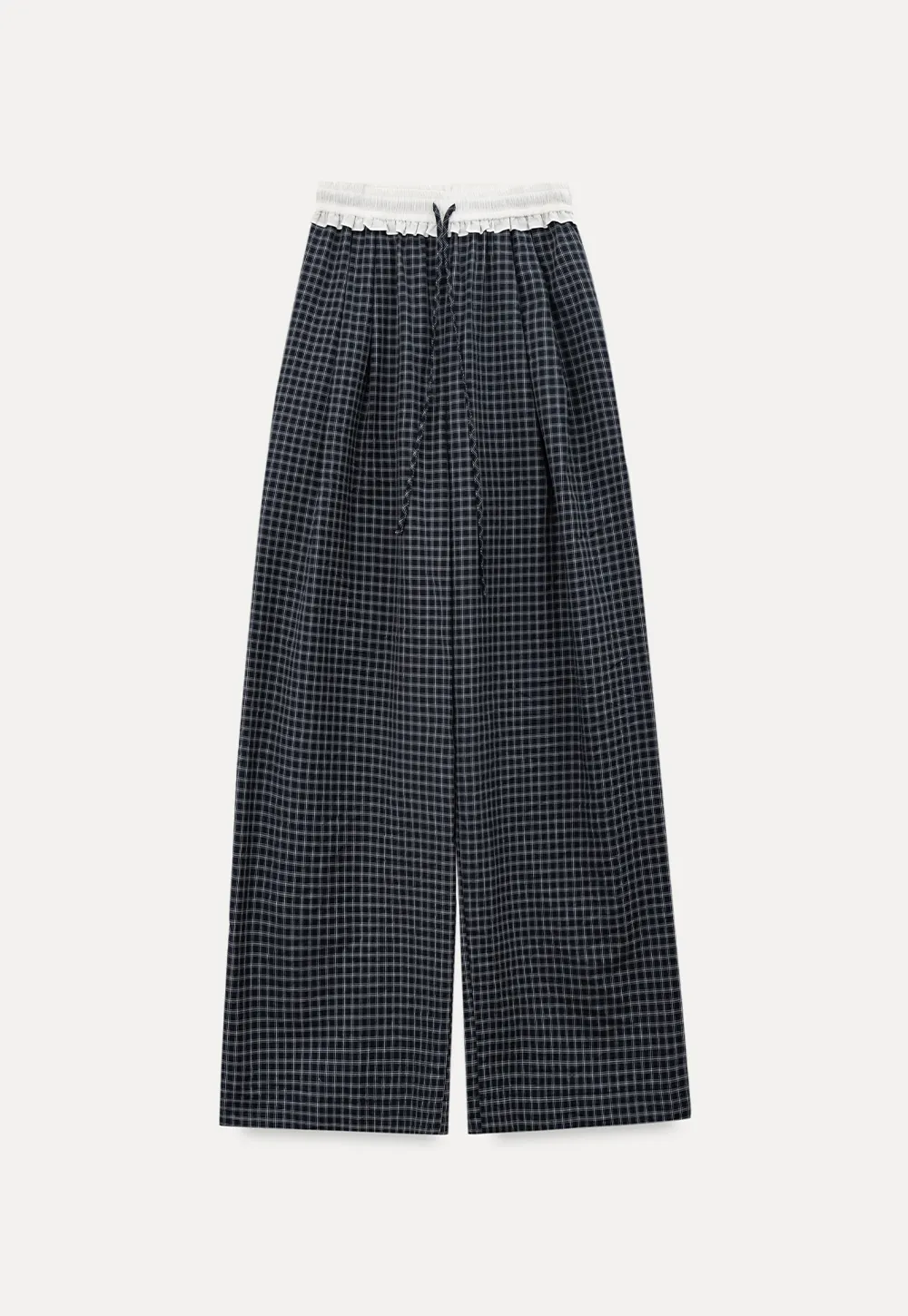 Wide Leg Plaid Casual Pants with Ruffled Waistband