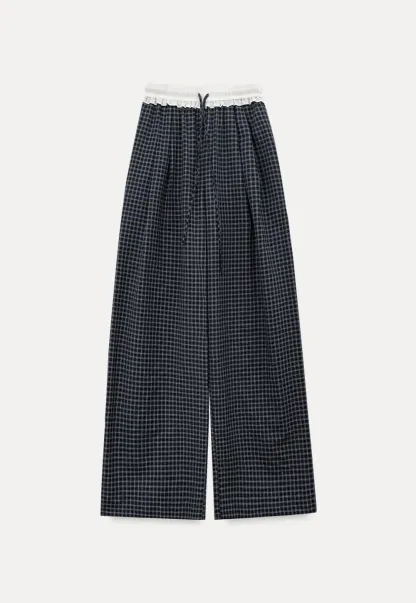 Wide Leg Plaid Casual Pants with Ruffled Waistband