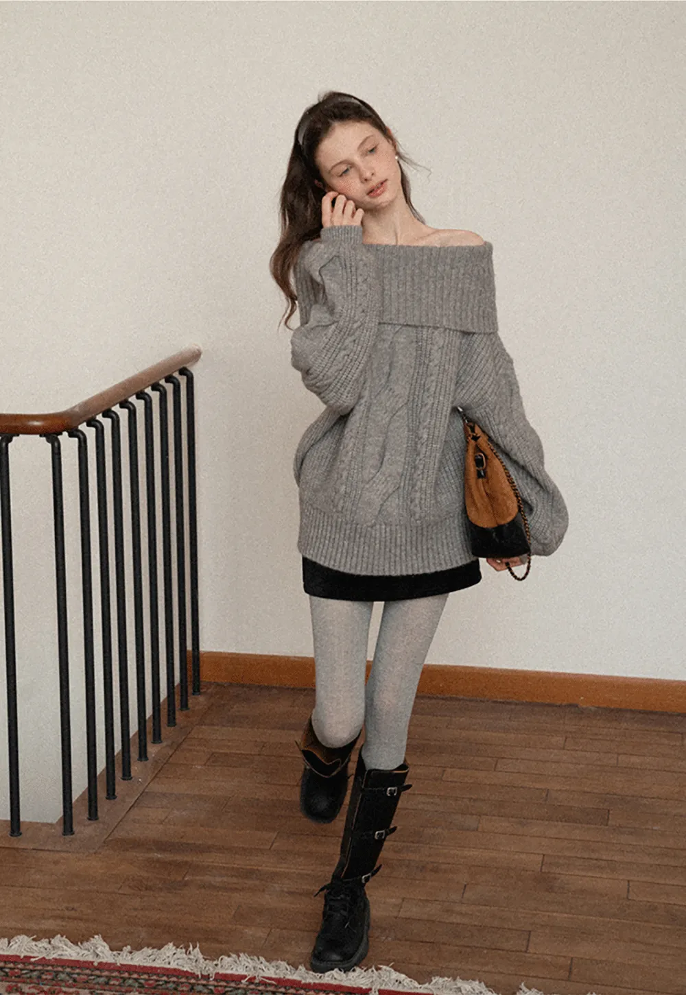 Gray Cable-Knit Turtleneck Sweater