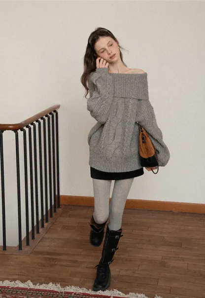 Gray Cable-Knit Turtleneck Sweater