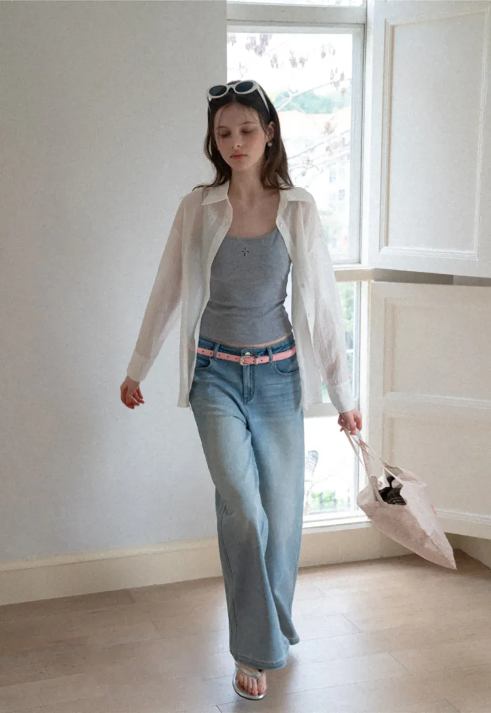 Gray tank top with small embroidered cross detail