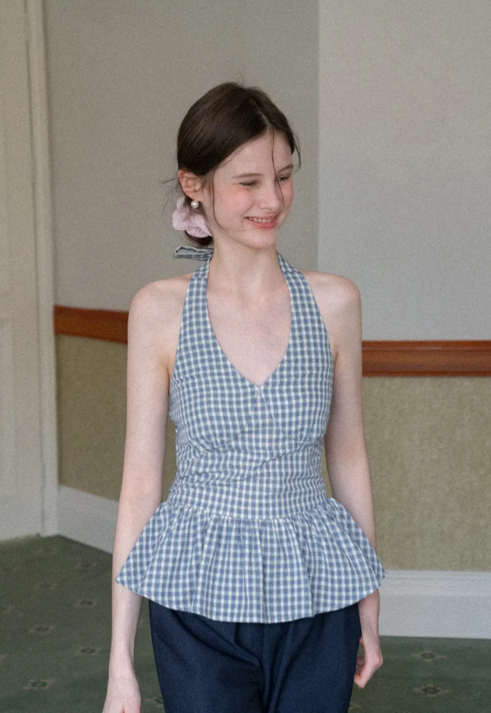 Gingham Halter Neck Peplum Top