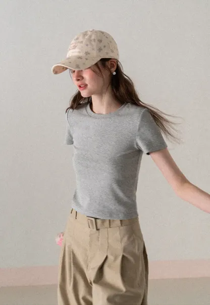 Short Sleeve Crew Neck T Shirt with Sheer Scarf Detail