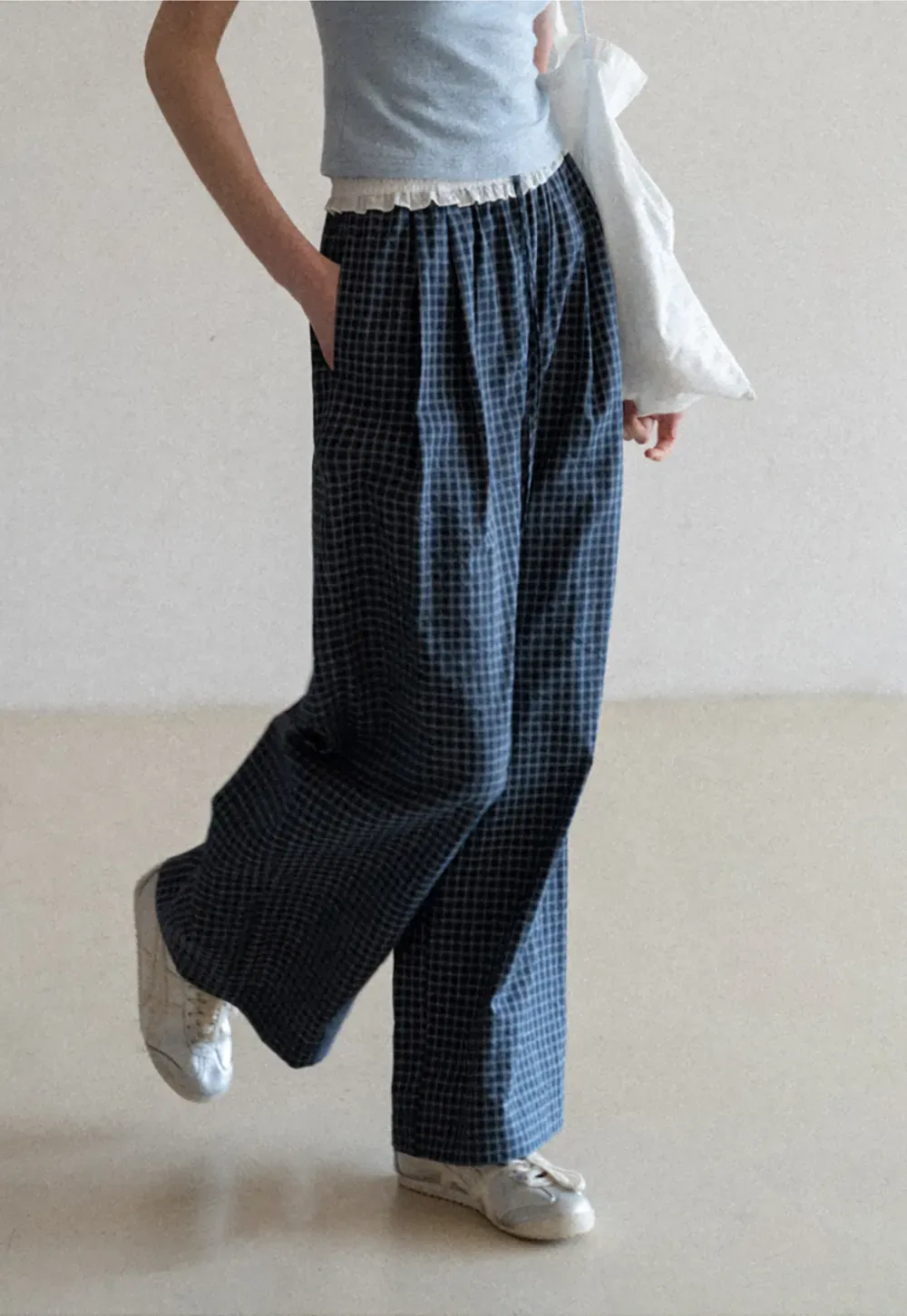 Wide Leg Plaid Casual Pants with Ruffled Waistband