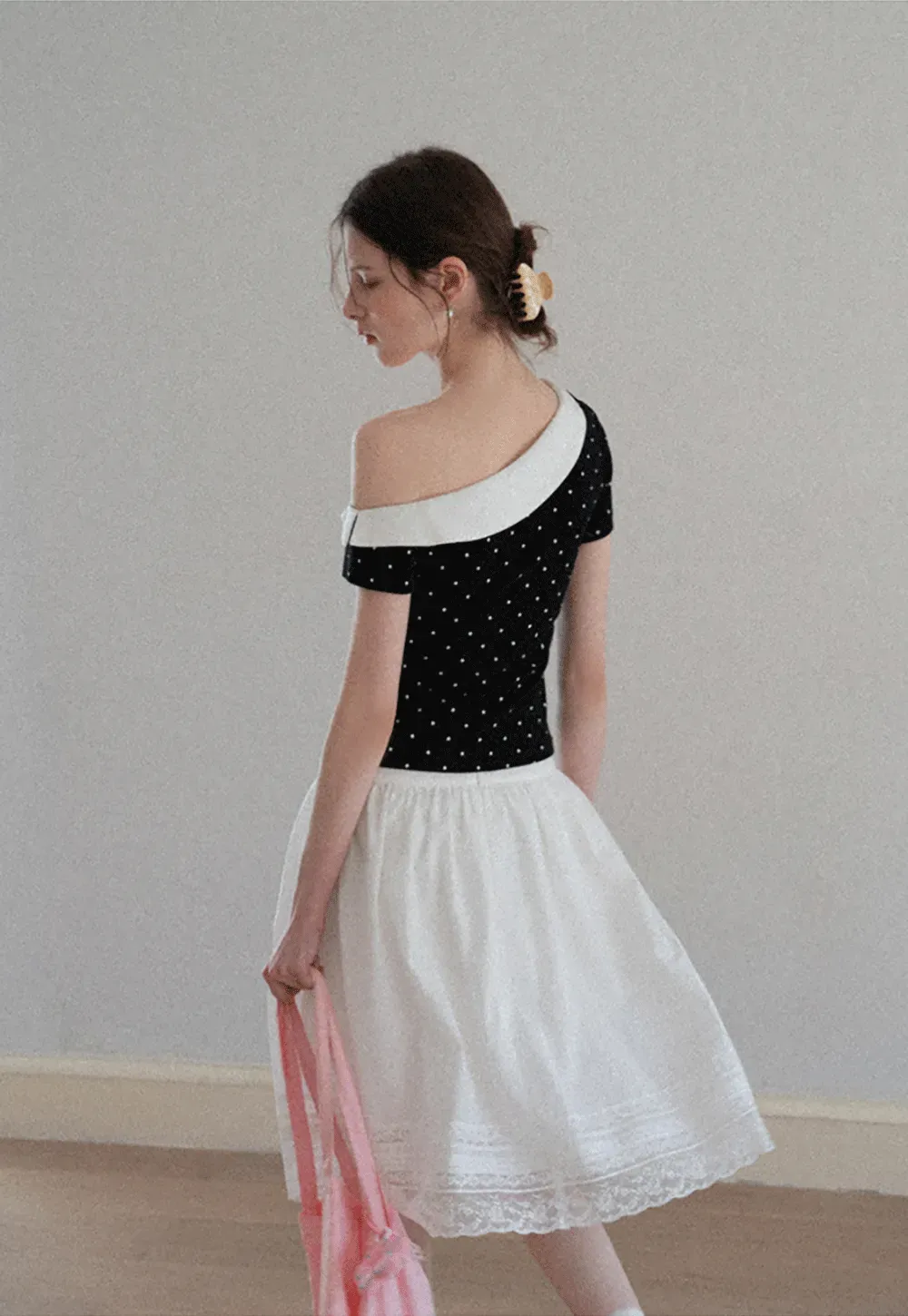 Polka dot short sleeve top with Peter Pan collar