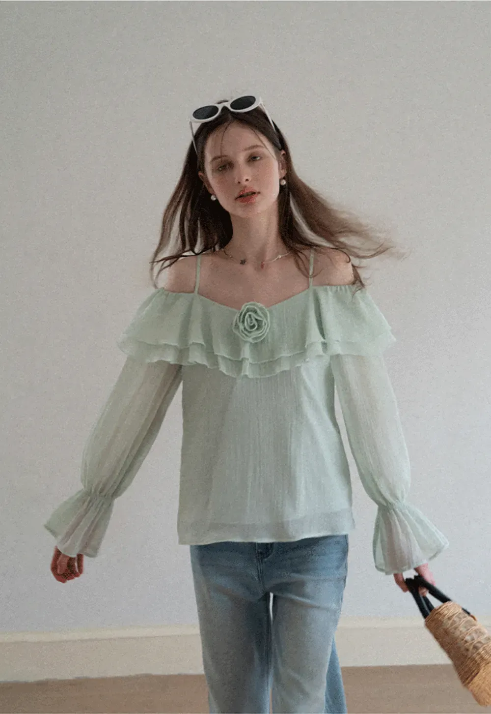 Off Shoulder Blouse with Ruffled Layers and Floral Embellishment