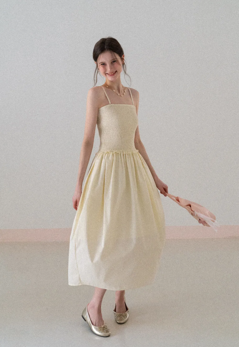 Strapless Smocked Bodice A Line Midi Dress