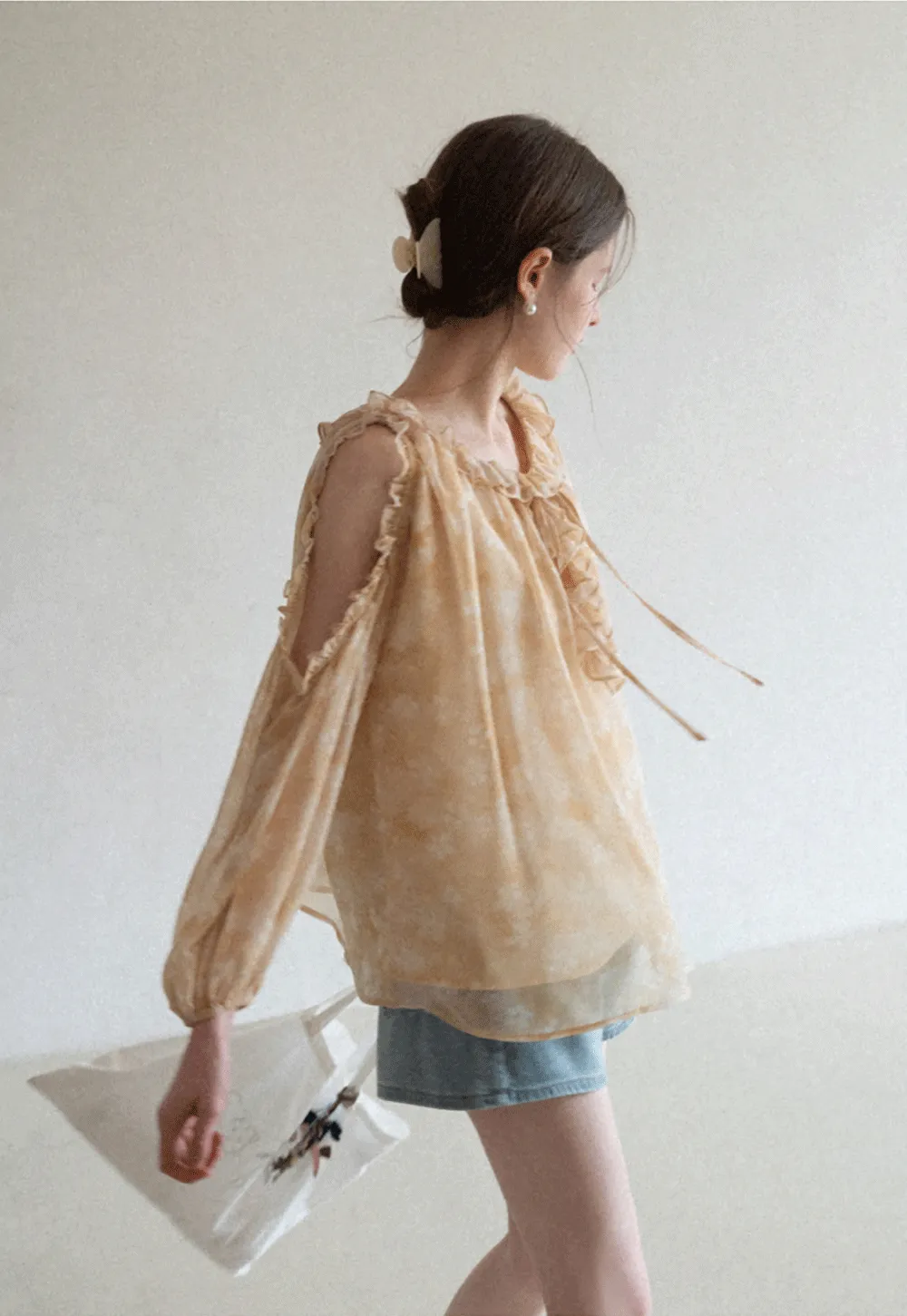 Lace Chiffon Blouse with Ruffled Neck and Sleeves