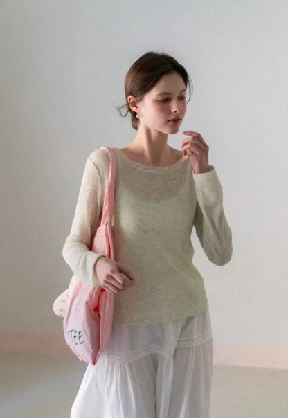Long sleeve sheer knit top with round neckline