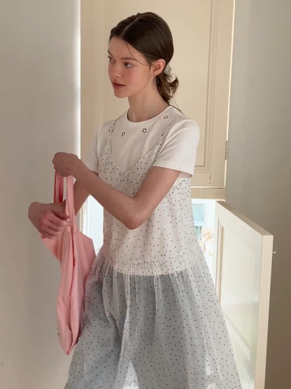 Embroidered Yoke Sheer Overlay T Shirt