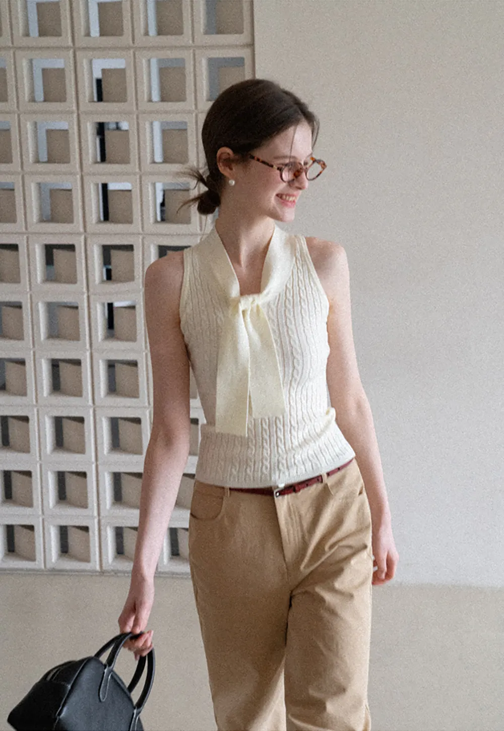 Knit Sleeveless Top with Front Bow Detail