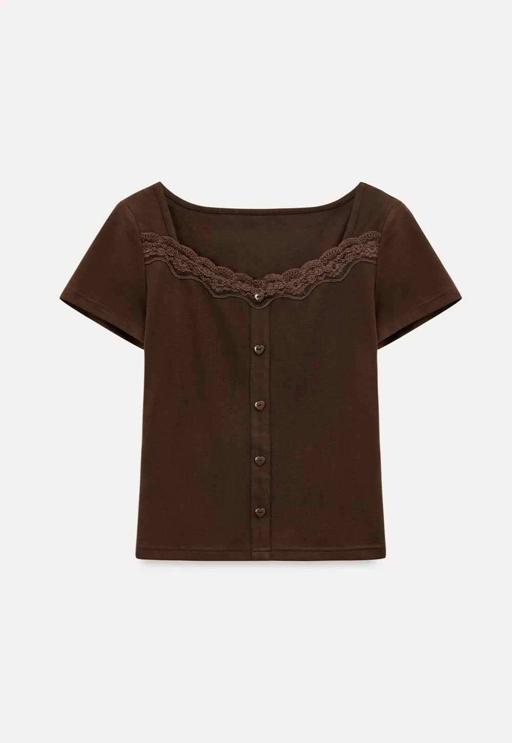 Short Sleeve Button Front Top with Lace Trim