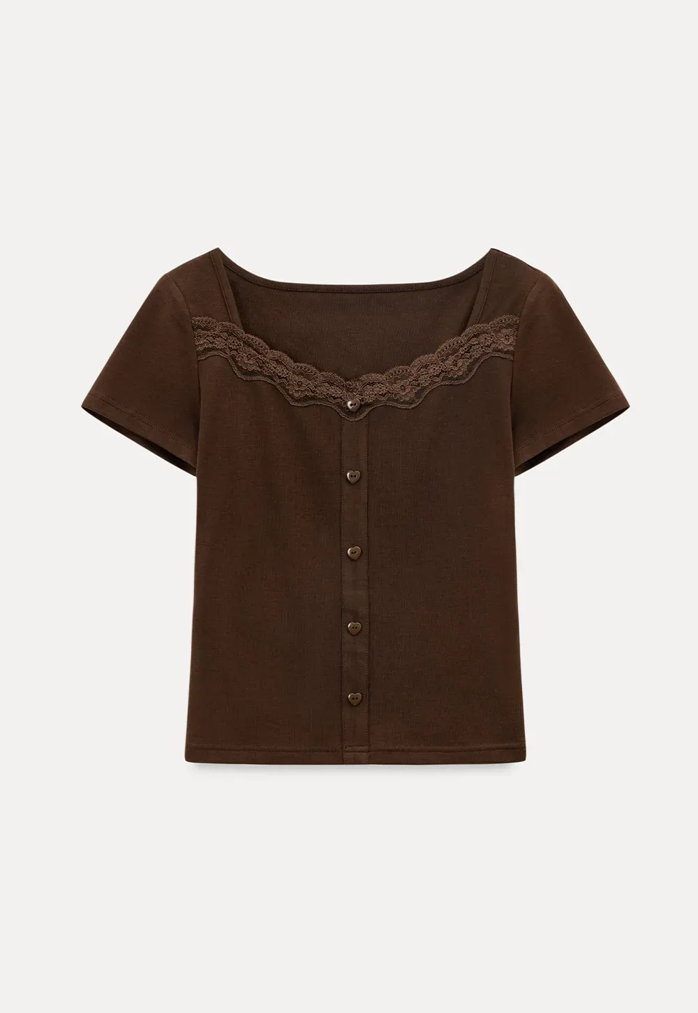 Short Sleeve Button Front Top with Lace Trim