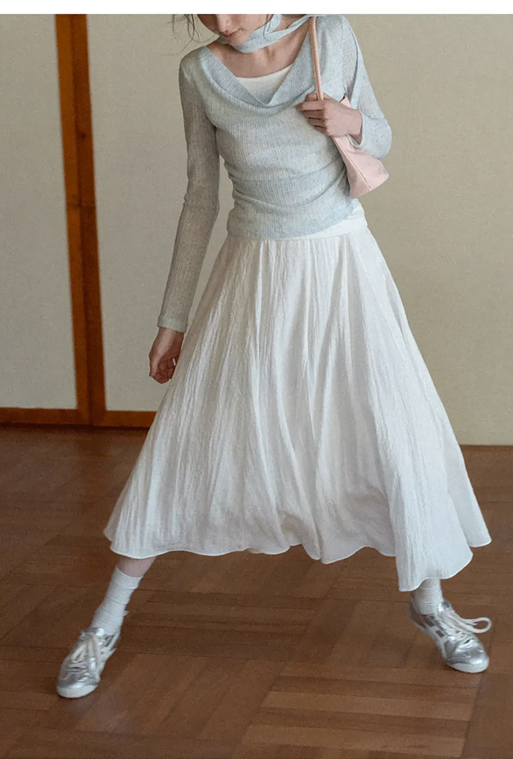 Flowy Pleated Midi Skirt with Drawstring Waist