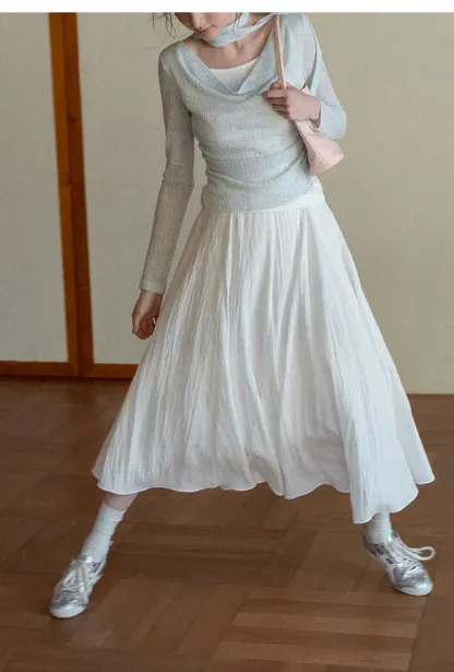 Flowy Pleated Midi Skirt with Drawstring Waist