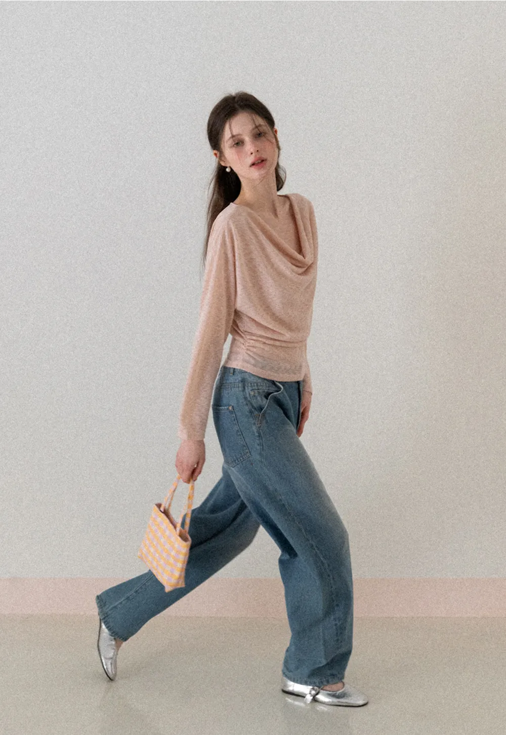 Long sleeve off shoulder draped knit top