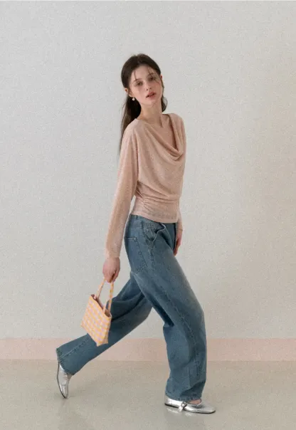 Long sleeve off shoulder draped knit top